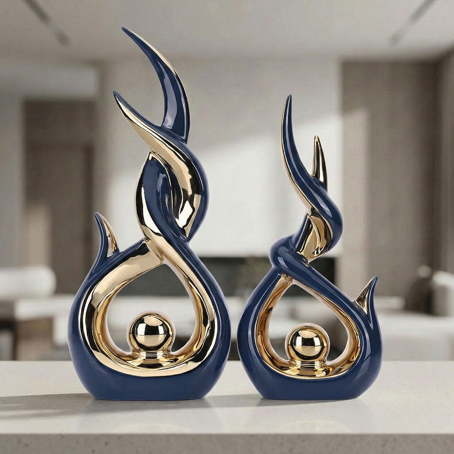 LCCCK White and Silver Abstract Ceramic Sculpture Set of 2 Modern Electroplated Figurines Decorative Statues for Living Room Shelf Mantel Tabletop Home Decor Housewarming Gift