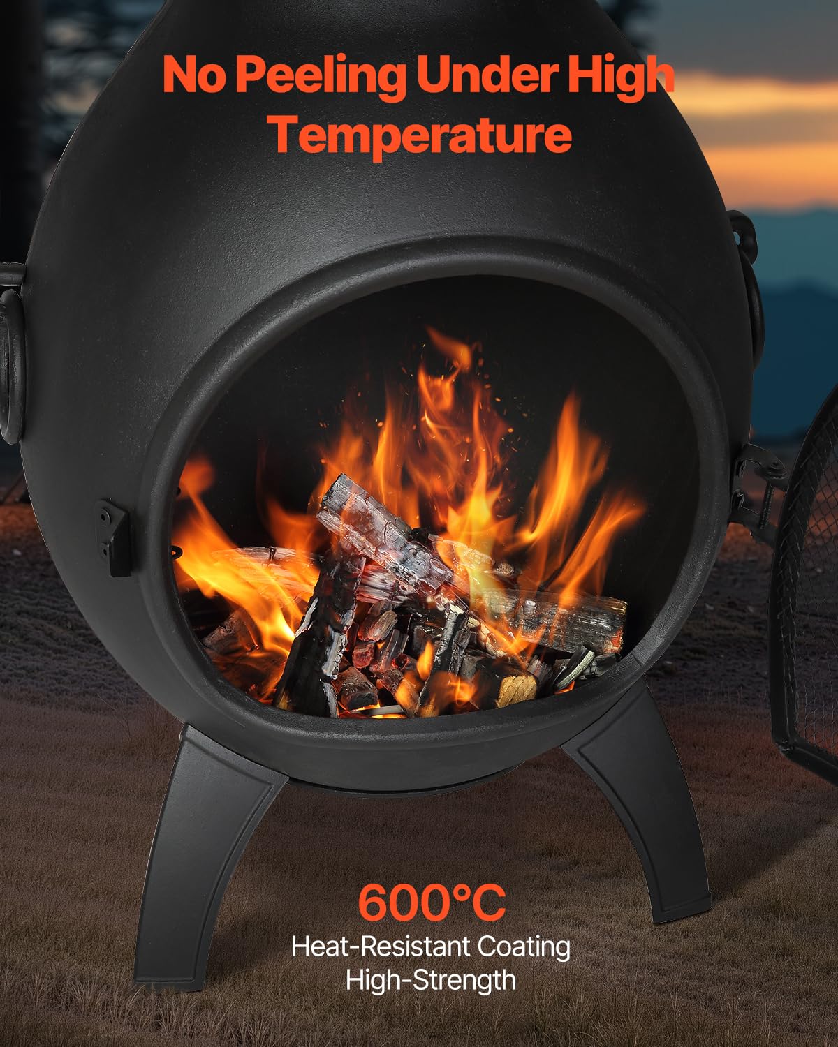 VEVOR Chimenea de Leña Exteriores 457 mm, Chimenea Esférica para Barbacoa y Calentamiento con Malla para Parrilla Revestimiento para Tapa a Prueba de Óxido para Patio, Jardín, 430 x 420 x 1120 mm