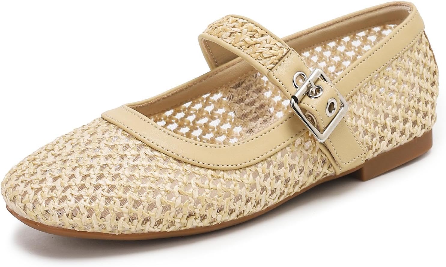 katliu Woven Mesh Flats for Women Round Toe Ballet Flats Mary Jane Flat Shoes with Buckle