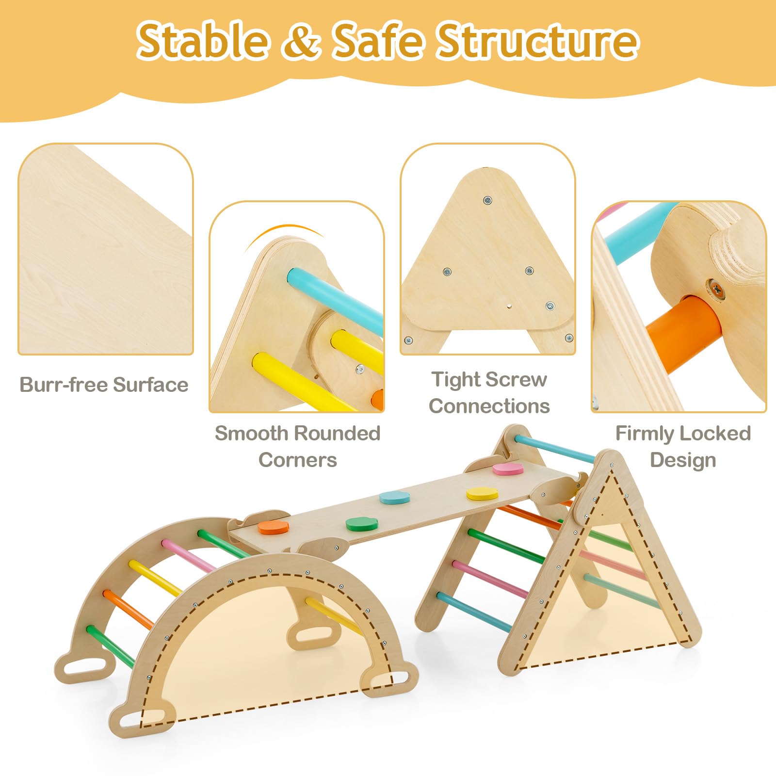 HOMASIS Triángulo de Escalada Multiusos 3 en 1 para niños, Juguetes Montessori con Tobogán Rampa Arco, Juego de Escalada con Slide Aprendizaje para Guardería Casa, para niños de 1+ año (Multicolor)