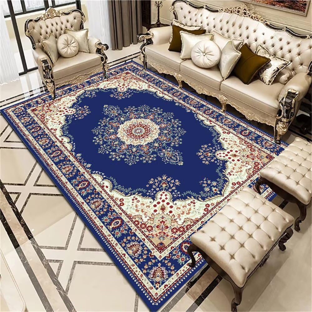 Tapis de salle à manger et salon bleu floral vintage rouge 90x120 cm lavable