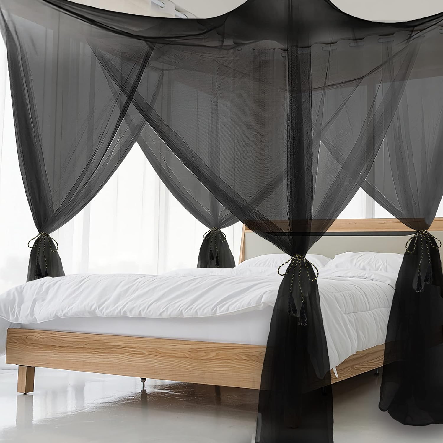 Biswing Black Four Corner Post Curtains Bed Canopy, Mosquito Net Elegant Canopy Curtain, Netting Princess Bedroom Decoration for Girls & Adults, Fit for Full/Queen/King Size : Home & Kitchen