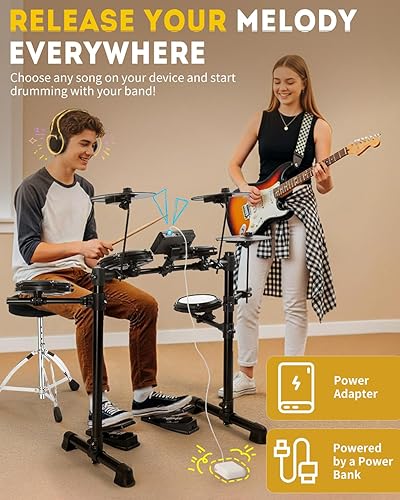 Miniatura 5 de Ktaxon Juego de batería eléctrica, batería electrónica con tambor de malla, platillos, trono ajustable, auriculares, palos, pedales y velcros,