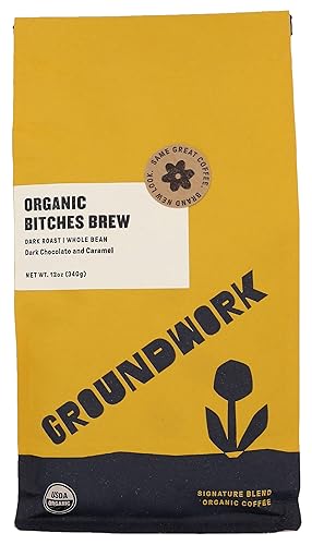 Groundwork Coffee Certified Organic Bitches Brew Dark Roast - Mezcla de café en grano entero, cafeína, Kosher, sin OMG, 12 onzas (paquete de 6)