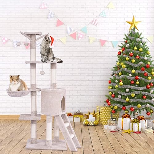 Miniatura 2 de Tangkula Árbol para gatos de 56 pulgadas, torre para gatos de varios niveles con poste rascador de sisal y escalera, área de juegos grande para