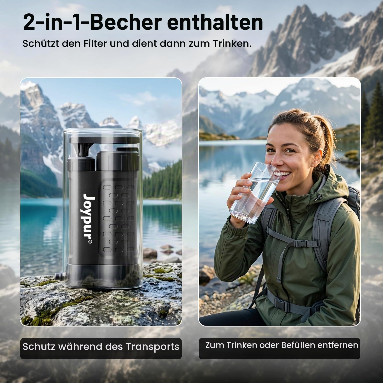 Outdoor Wasserfilter mit 5-Stufen UF-Membran, 0.01μm Filtergenauigkeit, 340g Leichtgewicht für Wandern, Rucksacktouren,Camping & Notfall (480ml)（K8192 * black）