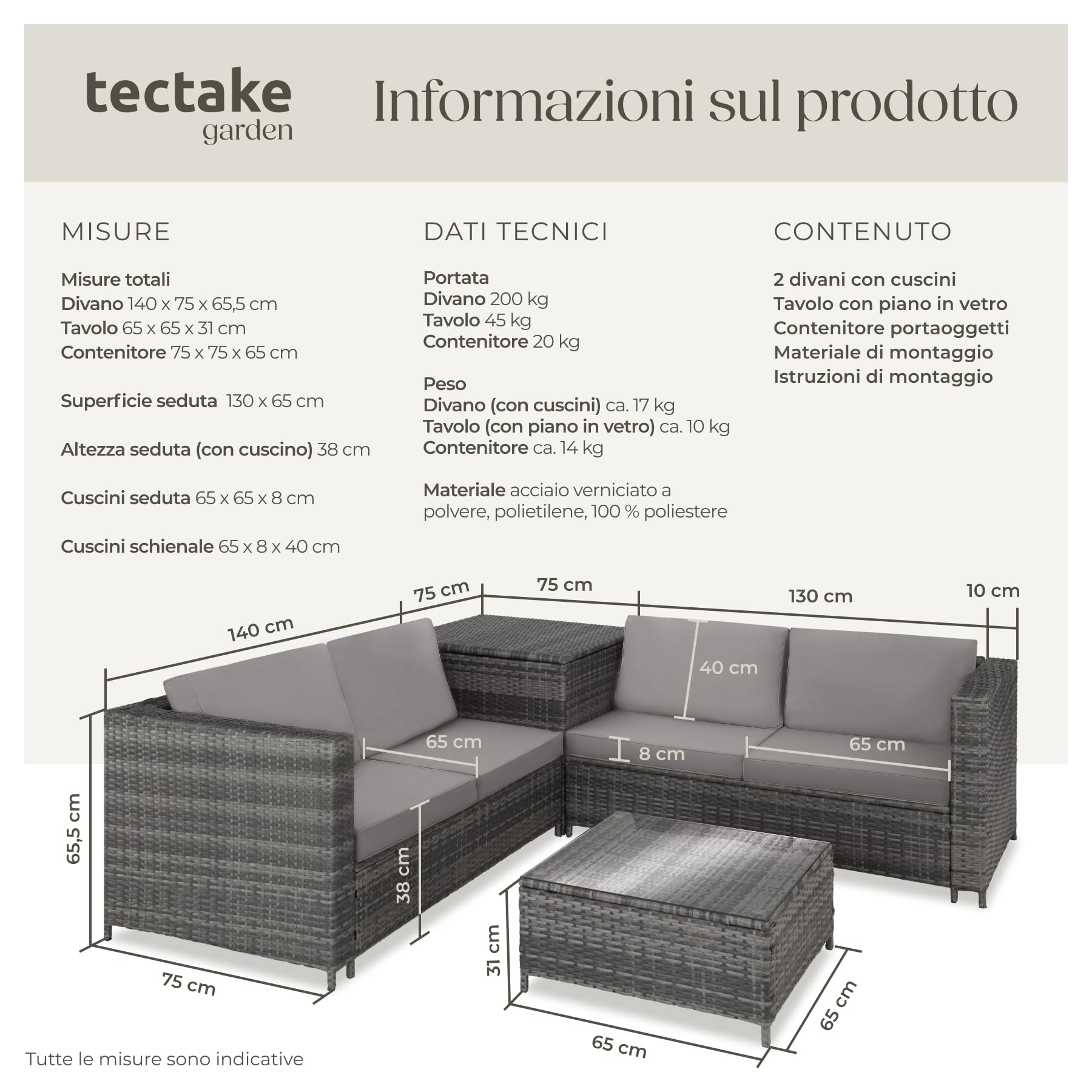 tectake® Salottino in Rattan, 2 Divani per Esterno con Cuscini, 1 Tavolo con Piano in Vetro, 1 Contenitore di Custodia, Salotto da Giardino Esterno, Salottino da Esterno - Grigio/Grigio Chiaro