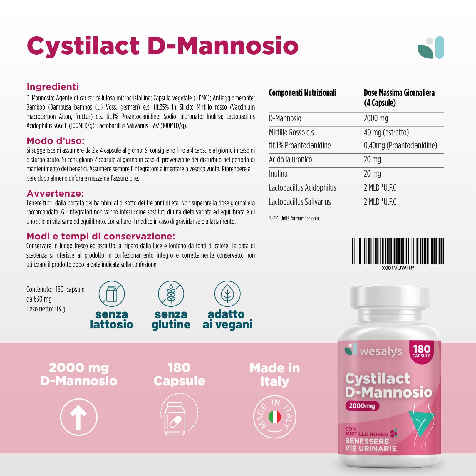 D Mannosio Puro 2000mg | Cistite, CYSTILACT® - 180 CAPSULE con Mirtillo Rosso, Probiotici ed Acido ialuronico | per il benessere delle Vie Urinarie | 100% Vegan, Wesalys