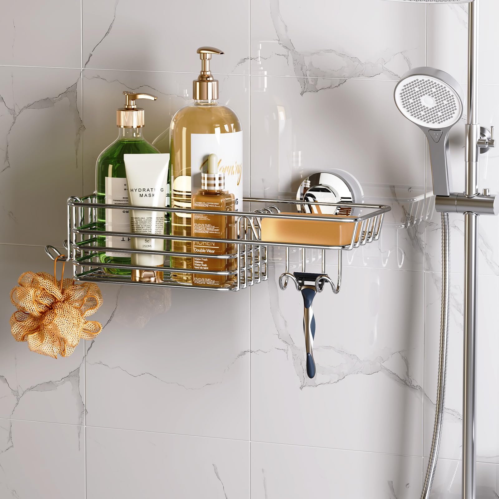 LEVERLOC Shower Caddy Suction Cup, Suction Caddy with Hooks and Soap Holder for Bathroom, No-Drilling Bathroom Shower Organizer, Silver — image 1