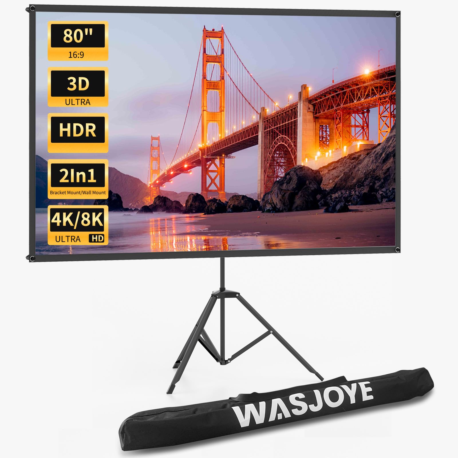WASJOYE Proyector de Pantalla con trípode, 80" 16:9 Pantalla proyector portatil para Exteriores e Interiores, PVC Pantalla de proyección Gris Tejida con Ganancia de 1.2 con Bolsa de Transporte