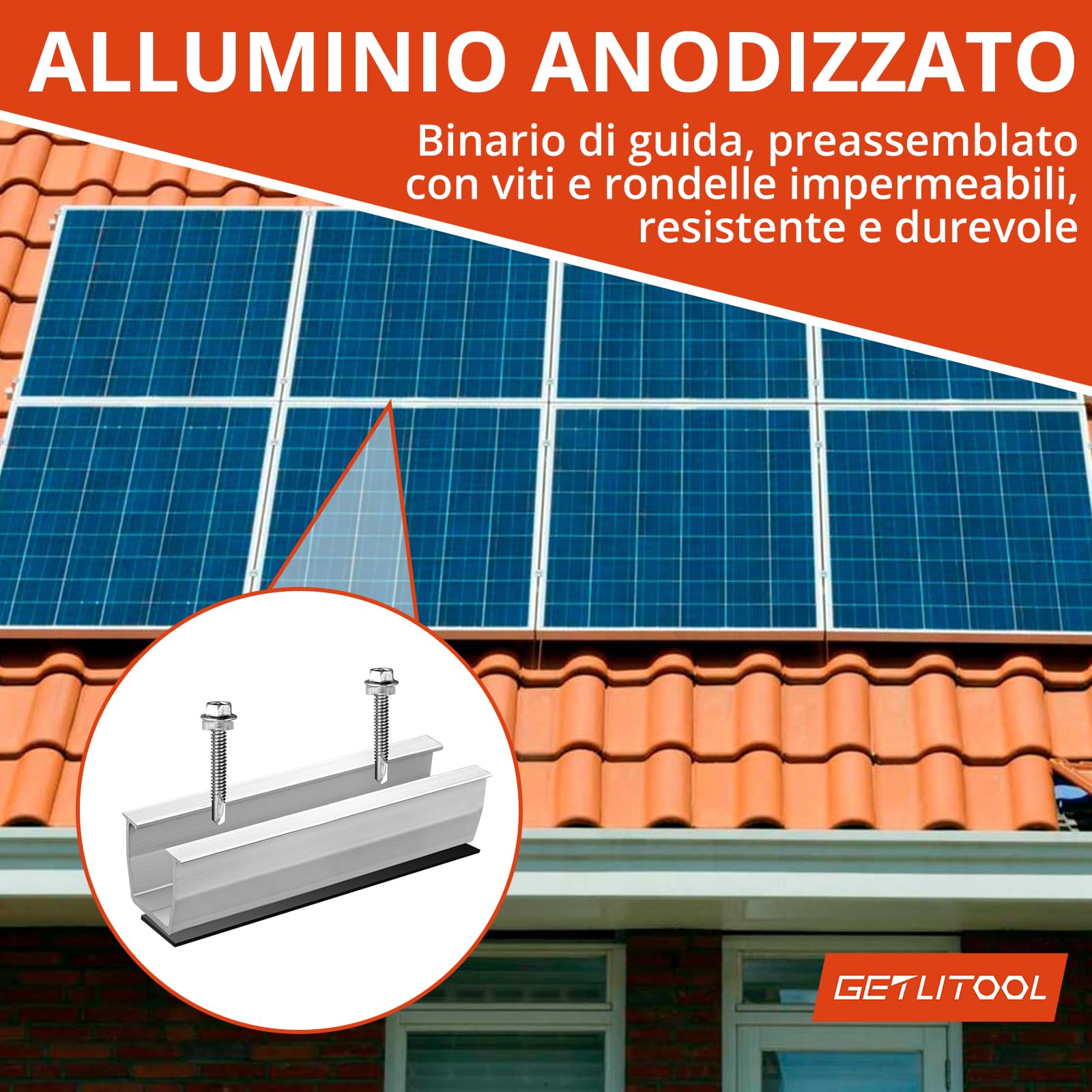 GETLITOOL Set Guide Morsetti Regolabili per Pannello Solare 30-35 mm, 6 Binari 120x25mm, 4 Morsetti Terminali, 2 Staffe Centrali