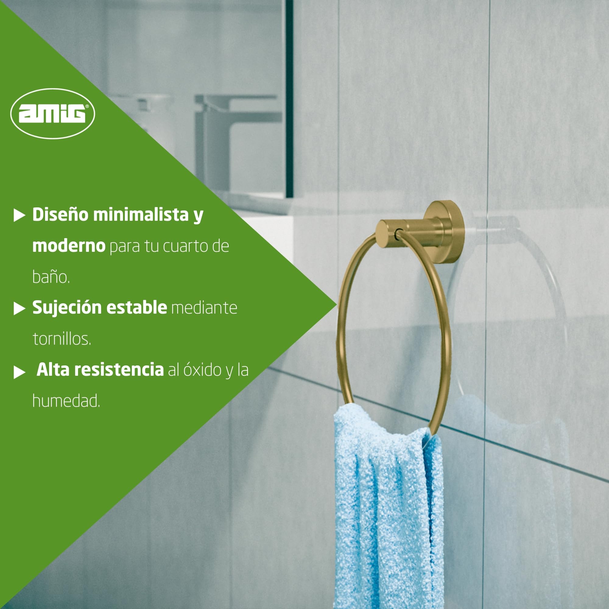 Amig - Toallero de baño Mod. Gorliz-3 - Soporte de Pared para Toallas con Tornillos incluidos - Ø155 x 52 mm - Acero Inoxidable - Oro Mate