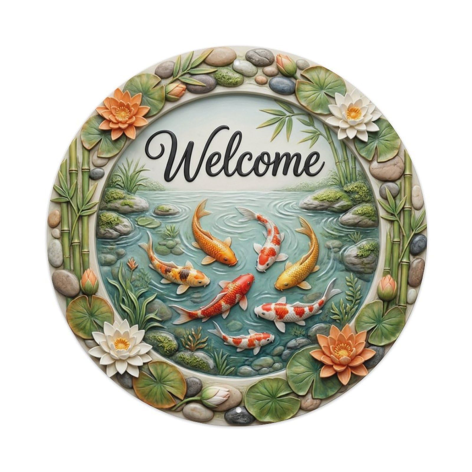 Tgrcjimh Style Metal Tin Sign Koi Fish Welcome Zen Garden Pond