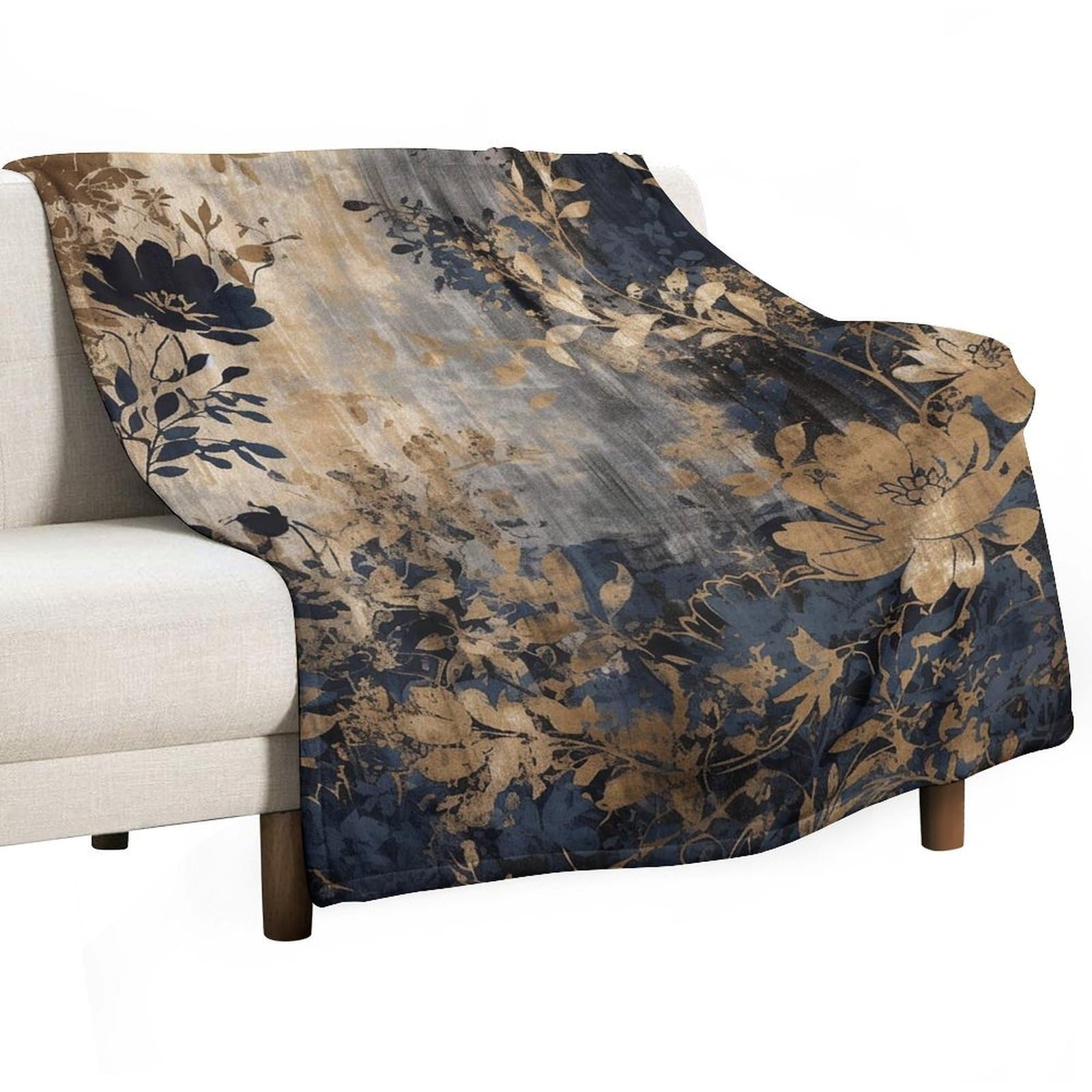 Couverture en flanelle lit cadeau cocooning plaid fleurs dorées et noires grand confort