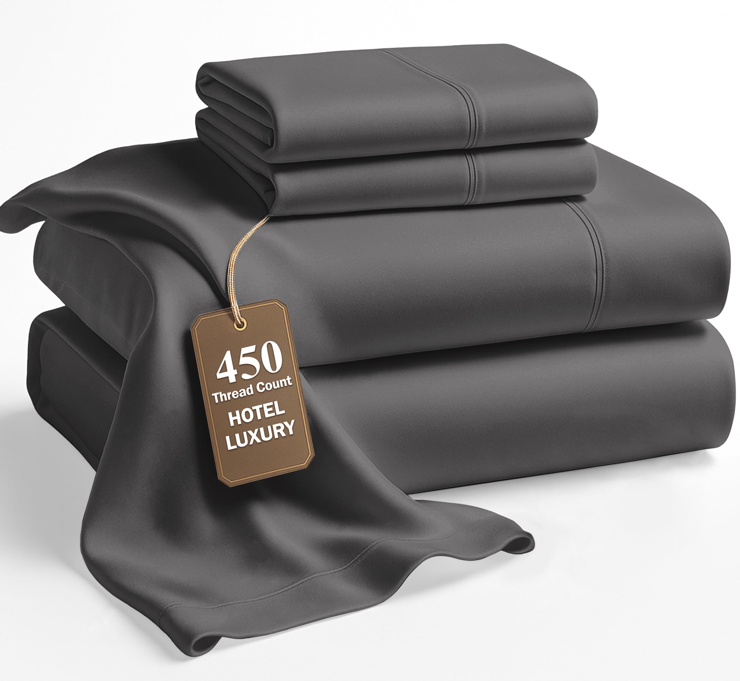 LANE LINEN Queen Size Bed Sheets Set – 450 Thread Count 100% Natural Cotton Cooling Sheets, Hotel Luxury Soft Sateen Finish, Snug Fit 15" Deep Pocket Elasticized Fitted Sheet – Charcoal