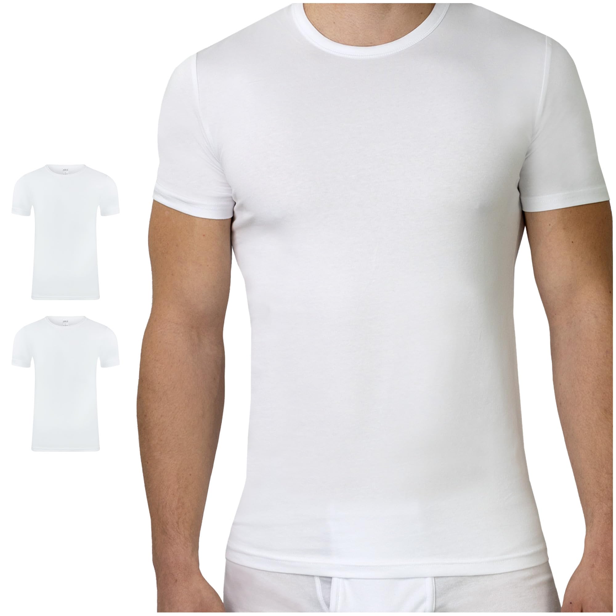 SES Lot de 2 maillots de corps pour homme avec col rond S - XXL / T-shirt basique pour homme en 95 % coton et 5 % élasthanne - T-shirt moulant pour homme et business - Blanc à manches courtes