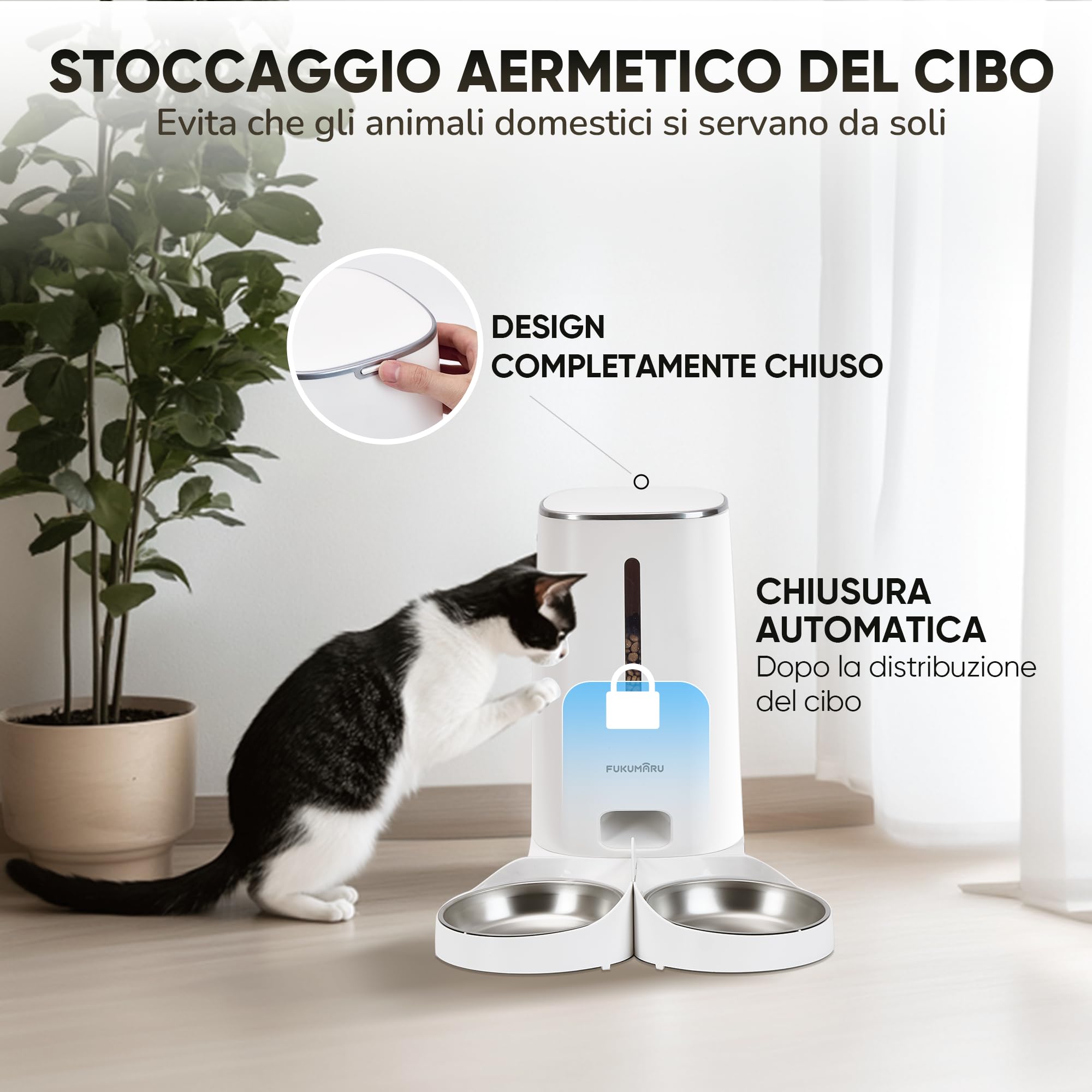 FUKUMARU Distributore Automatico Cibo Gatti, 4L Distributore Cibo Cani con 2 Ciotole in Acciaio Inox, 10 Pasti al Giorno e Controllo del Timer,Consumato per Circa 20 giorni.2.4G WiFi. USB e Batterie