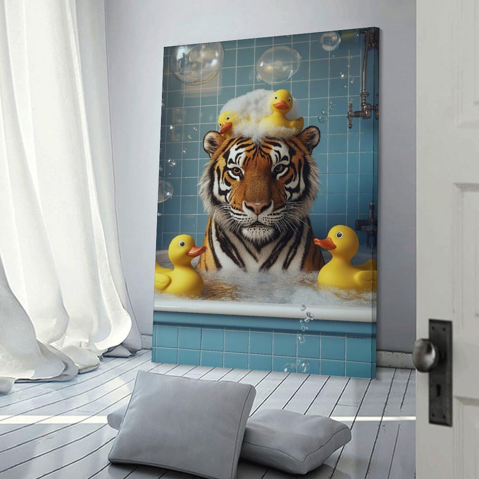 Junmoney Tiger in Bathtub with Rubber Ducks Decorative Wall Artwork, 20x30inch(50x75cm), for Work Areas, Reading Rooms Or Studios, Wall Art That Adds Style to Work Areas