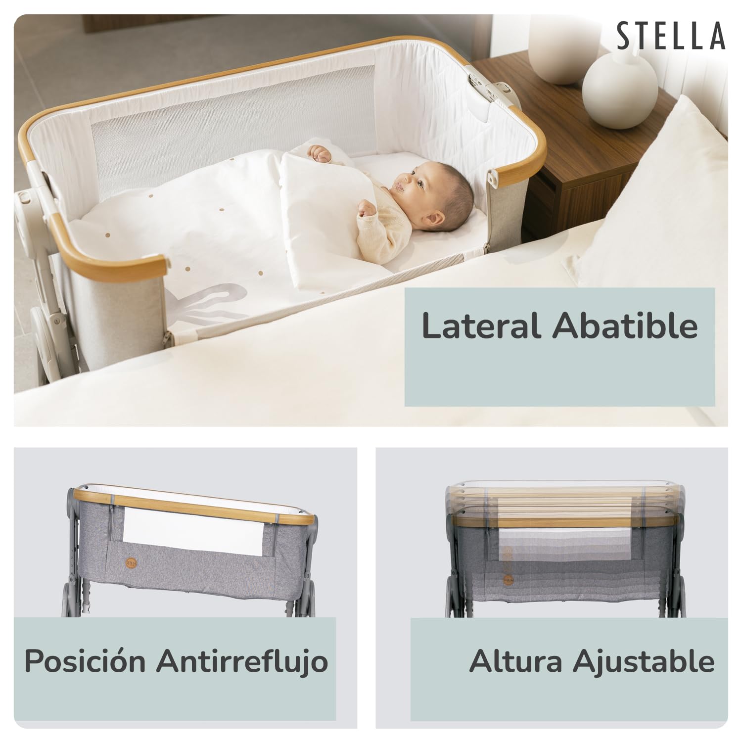 Olmitos - Minicuna de Colecho Stella – Cuna Bebé 2 en 1 Desde el Nacimiento, Altura Ajustable, Lateral Abatible, Incluye Edredón y Bajera - con mosquitera (Gris)