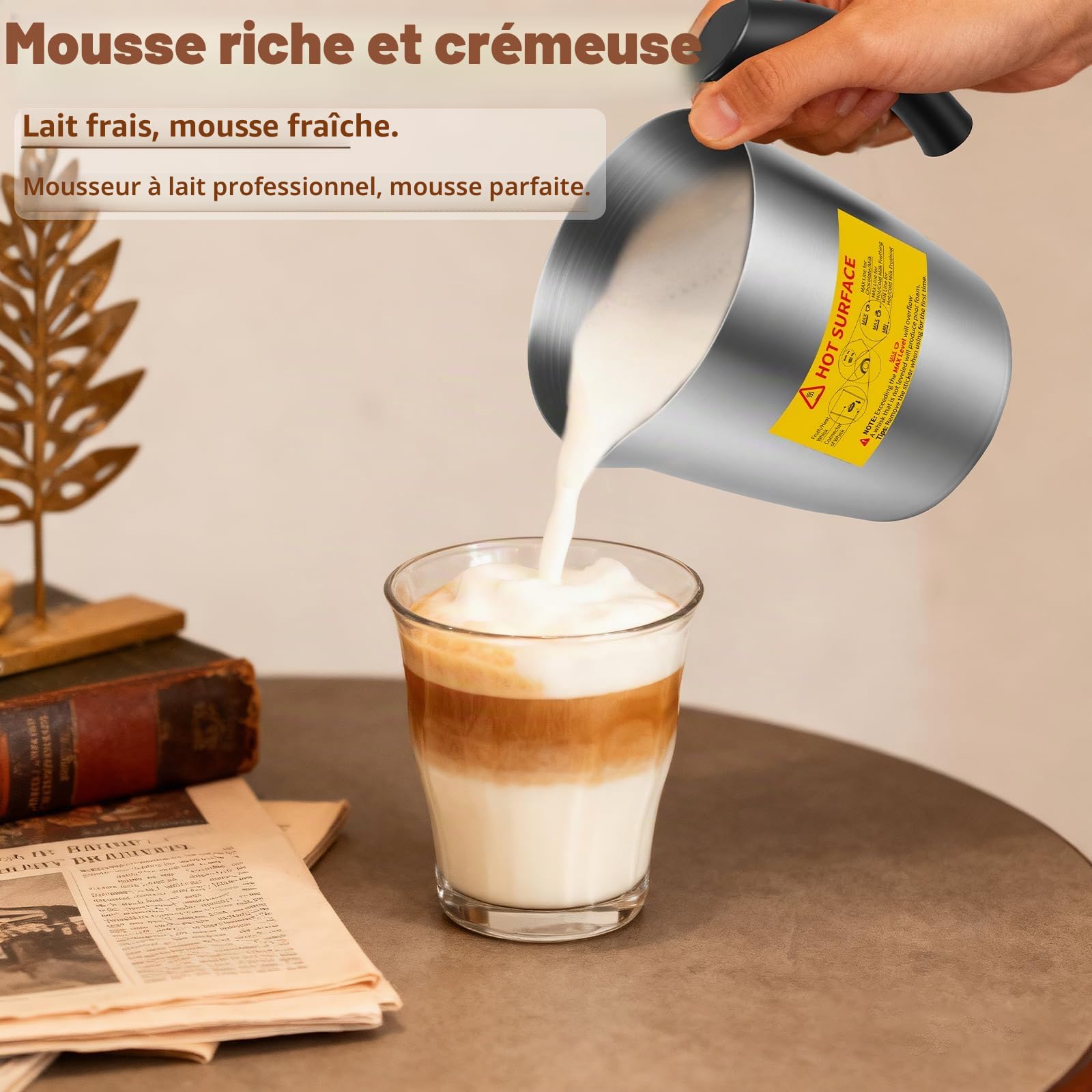 Mousseur à lait électrique – Mousseur 5-en-1, Pichet en acier inoxydable 500 ml, bol amovible et compatible lave-vaisselle, contrôle de la température, pour lait chaud et froid, cappuccino, latte