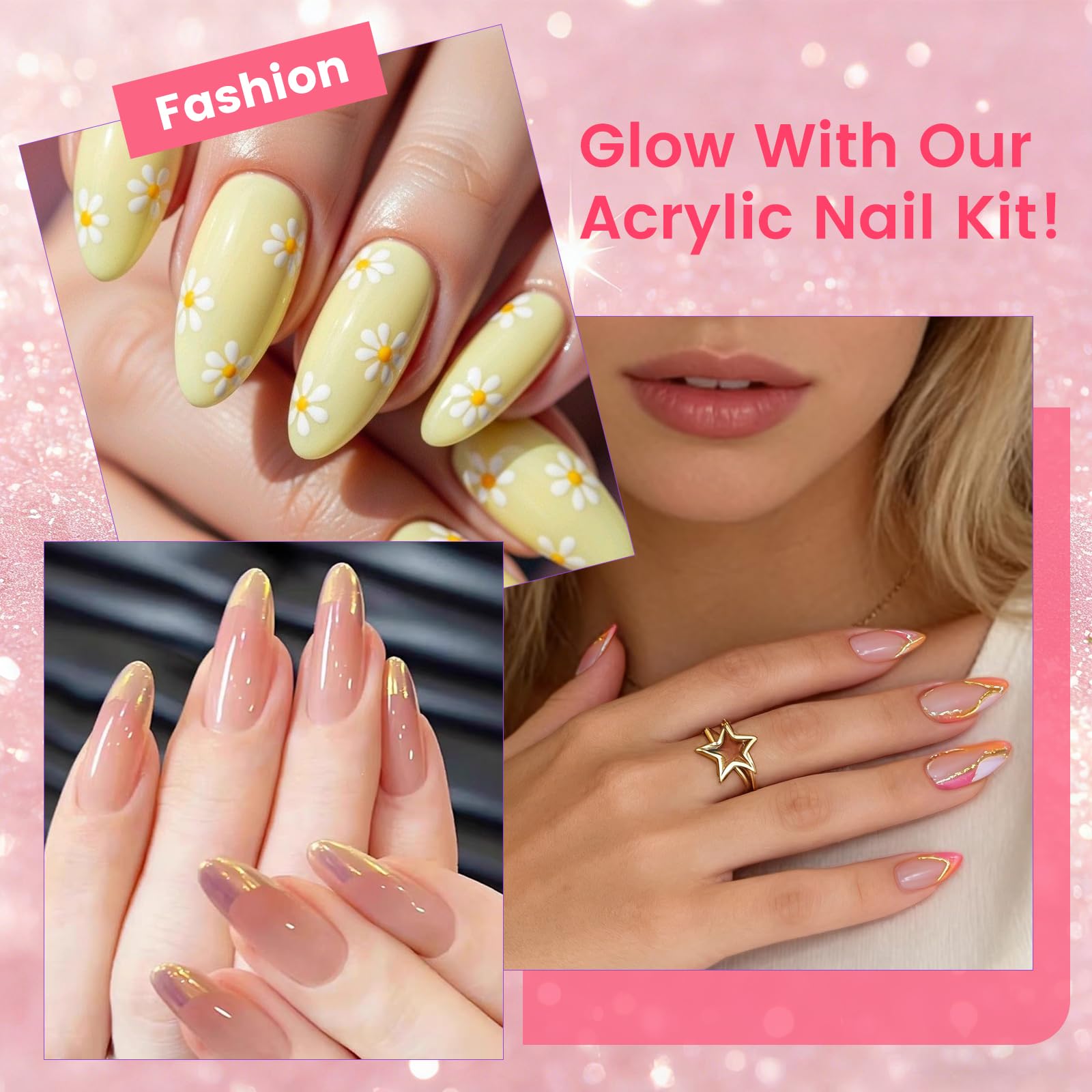 Kit de Uñas Acrílicas para Principiantes Completo: 4 Colores Acrilico Para Uñas con Dedo de Práctica Taladro Lámpara UV - Kit Uñas Semipermanentes Extensión con Bolsa Glitter