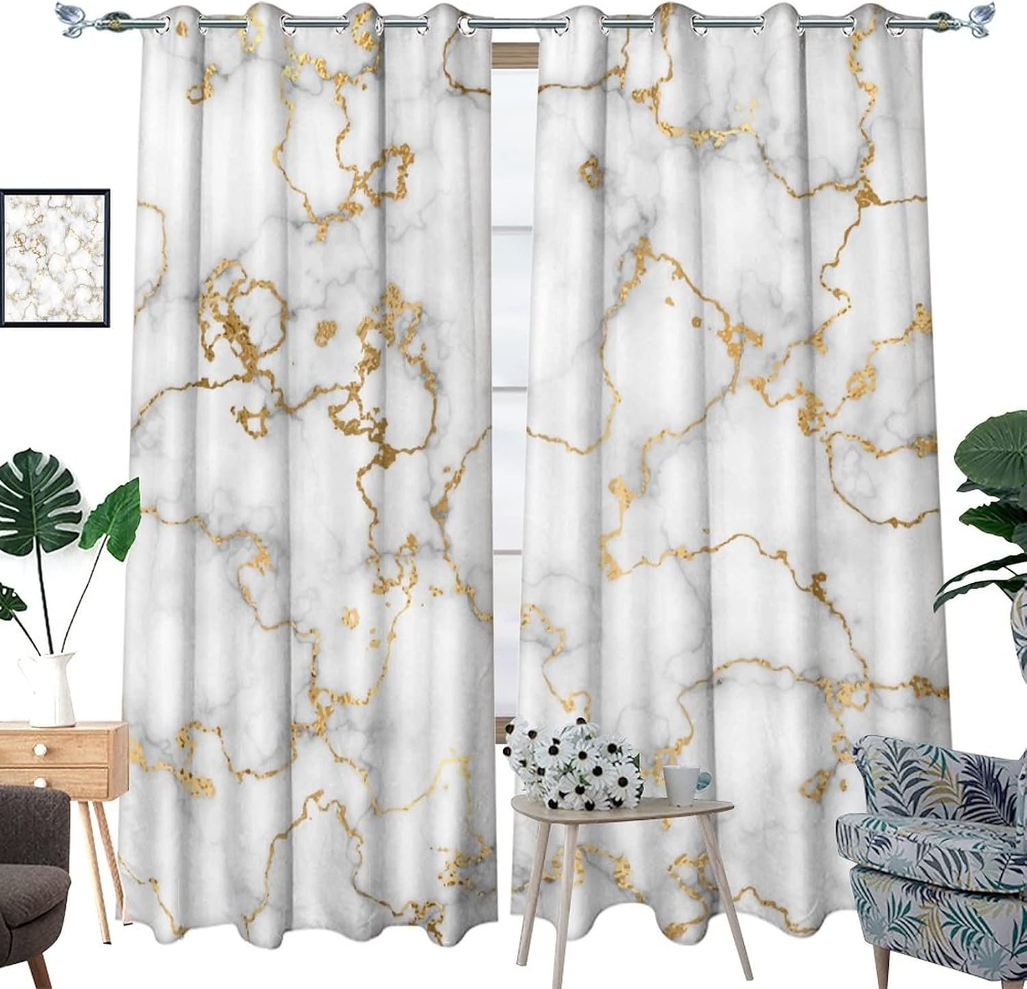 White Gray Marble Curtains,Luxury Abstract Modern Liquid Gold Foil Cracked Texture Marble Window Curtains Thermal Insulated Grommet Top Blackout Drapes for Bedroom 63L x 21W,2 Panels