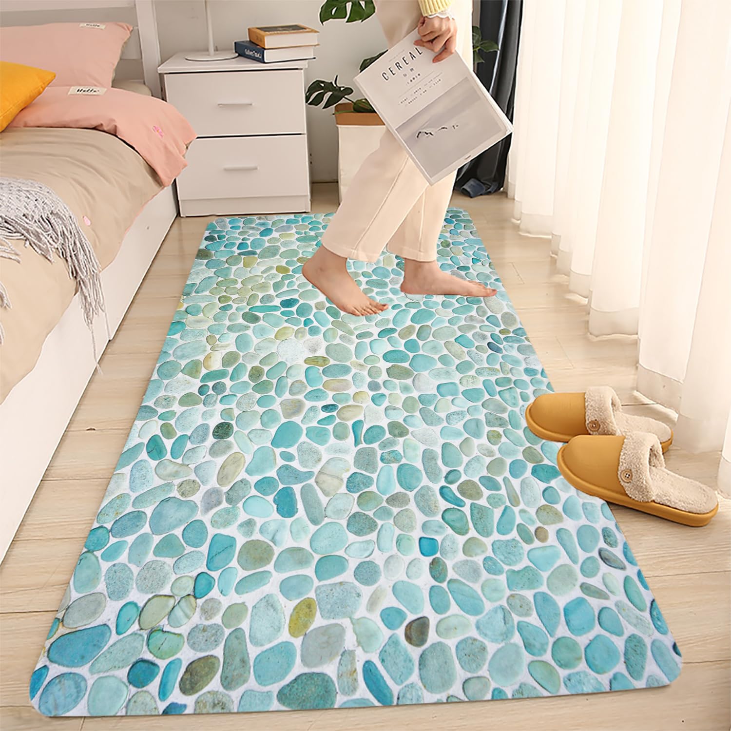 LYFANS Bathroom Uses Absorbent Non Slip Bath Mats, Kitchen Floor Mats, Artistic Small Stone 3D Carpets (59x24 Inches), and Flannel Memory Sponge Floor
