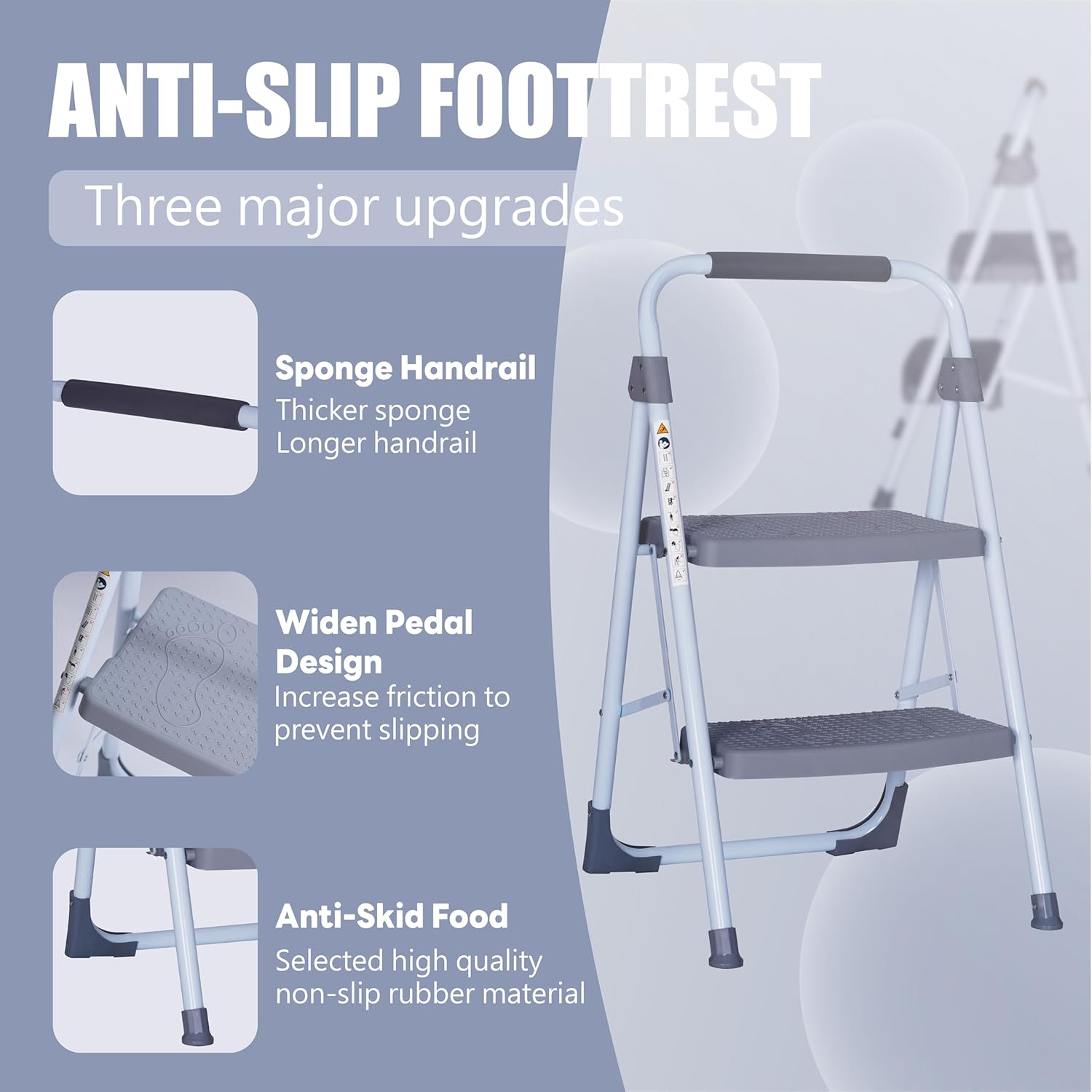 step ladder 2 step folding,step ladder with handgrip,step stool for adults ergonomic foldable,2 step folding step stool with anti-slip pedal,multi-use for household and home kitchen gray