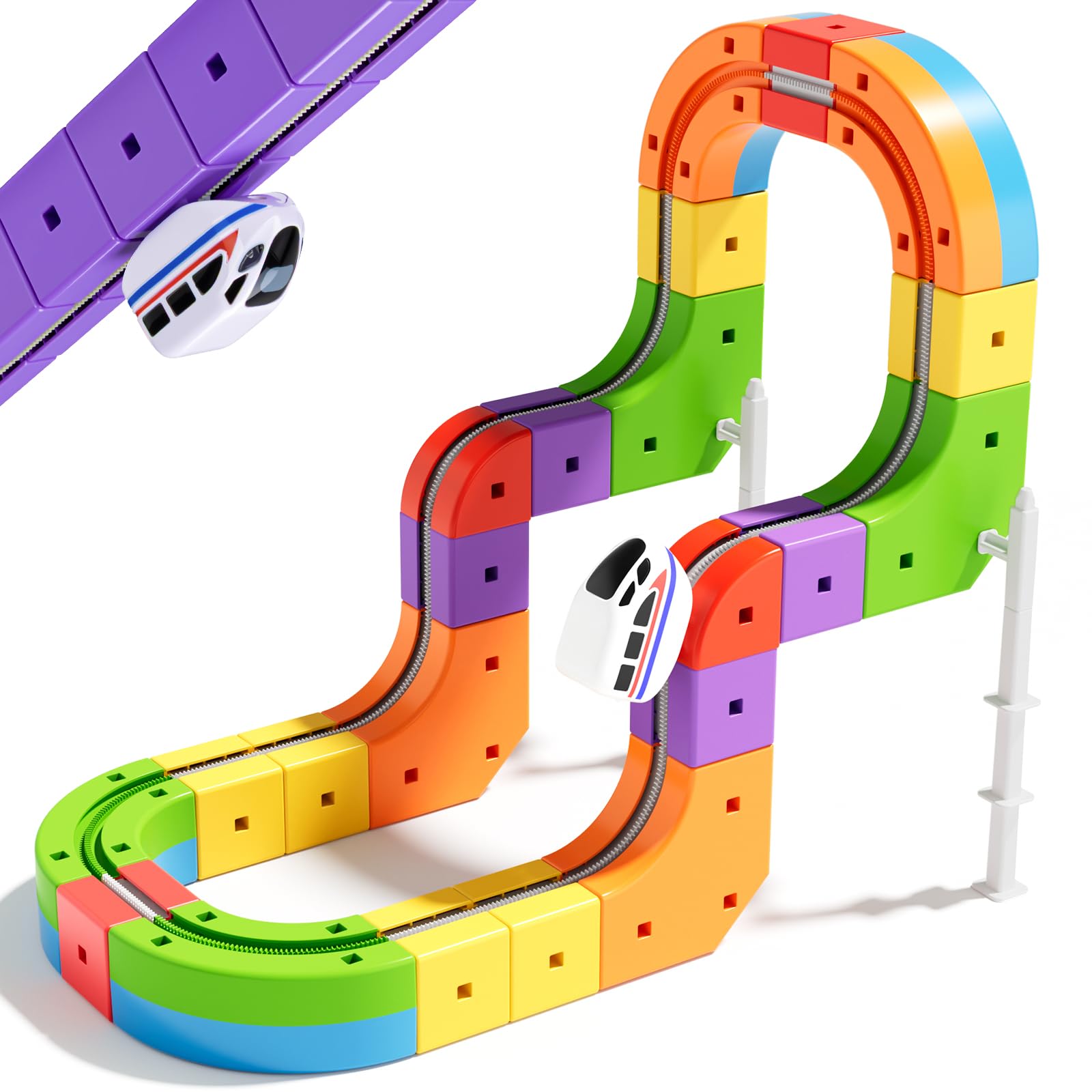 KlickRail Electric Train Set Flexible Race Track for Kids 4 6 7 8, 32 Pcs Car Track for Toddlers 3-5, Building Toy Train Track Gravity-Defying 3D Embedded Layouts & Motorized Car, STEM Learning Gift