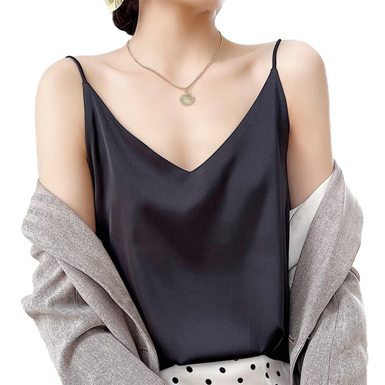 Canotta da Donna in Raso di Seta Cami Canotta da Donna Top T-Shirt Camicetta Canotta Camicia con Scollo a V Camicia Senza Maniche Cinturino Senza Maniche Estate,Nero,XL