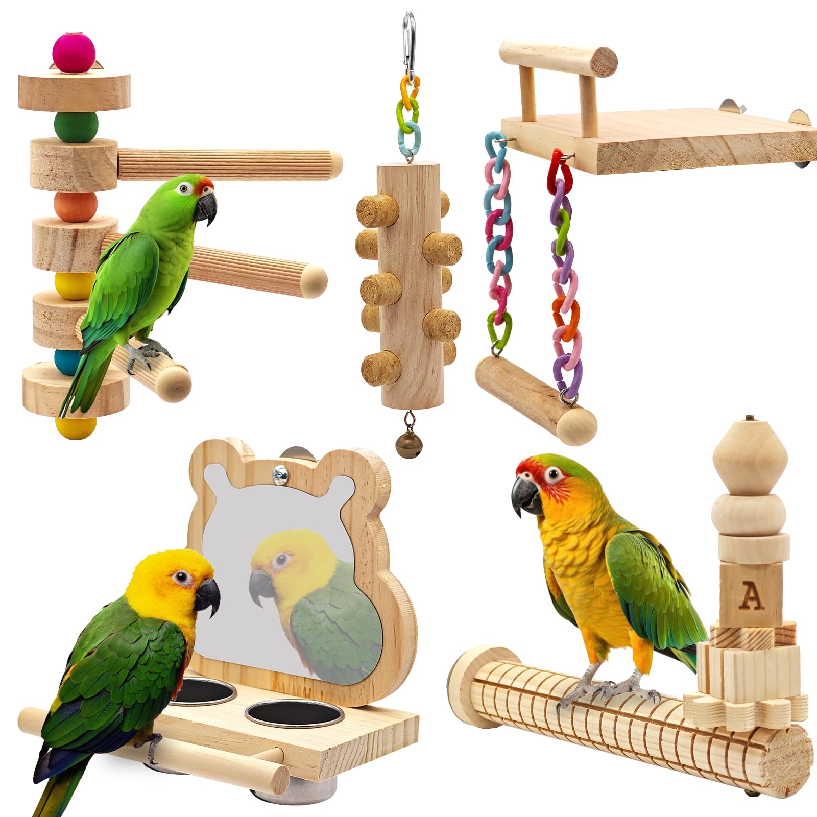 5PCS Bird Perch and Toy Set. Includes a Perch, Feeder, Swing, and Chew Toy. Hangable Natural Solid Wood Birdcage Accessories, Suitable for Small Budgies, Cockatiels, Conures, Lovebirds, Etc.