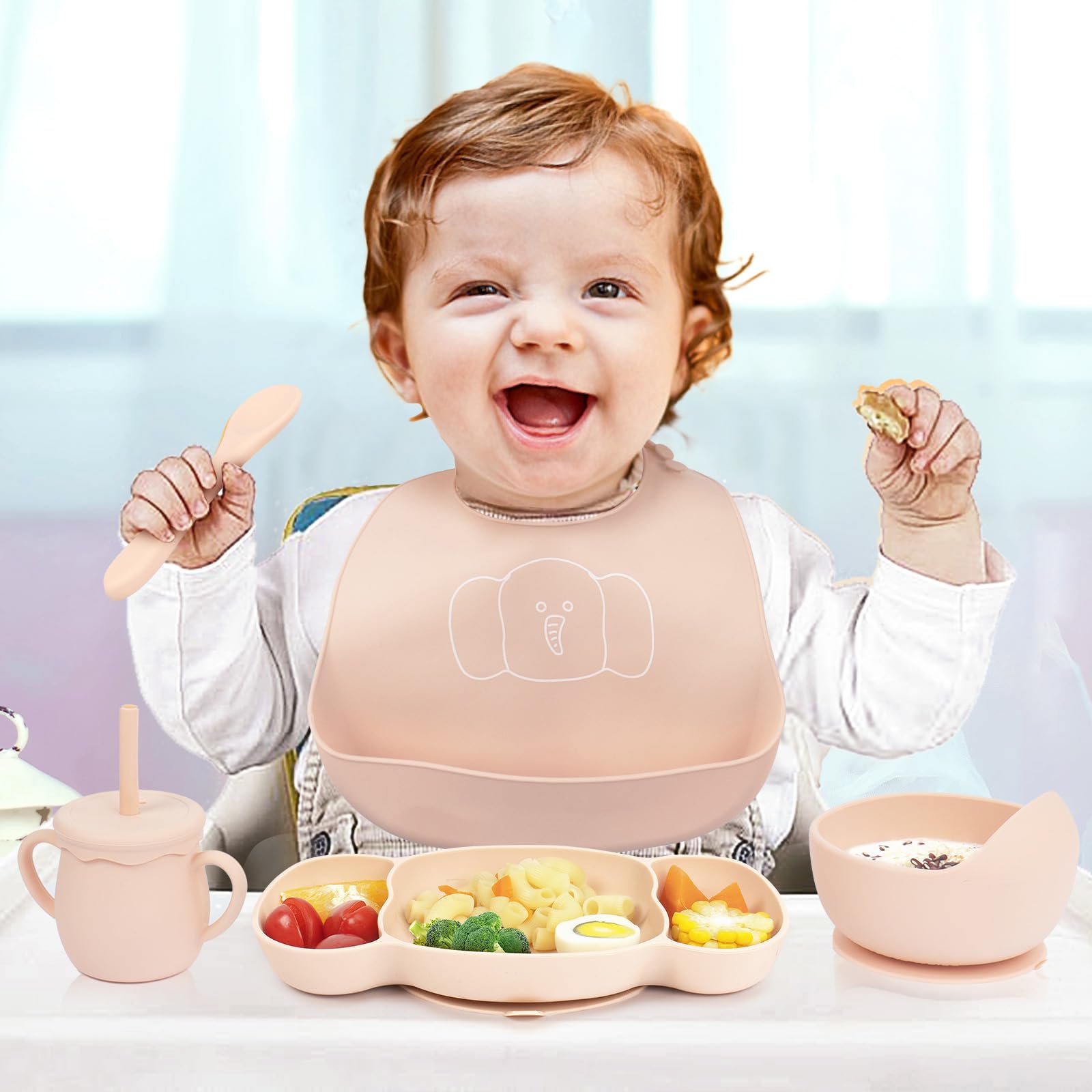 Lot De 6 Ustensiles D'alimentation Pour Bébé, En Silicone De Qualité Alimentaire, Sans BPA, Ustensiles De Sevrage Antidérapants Avec Ventouses En Silicone, Bavoir Réglable, Assiettes Divisées