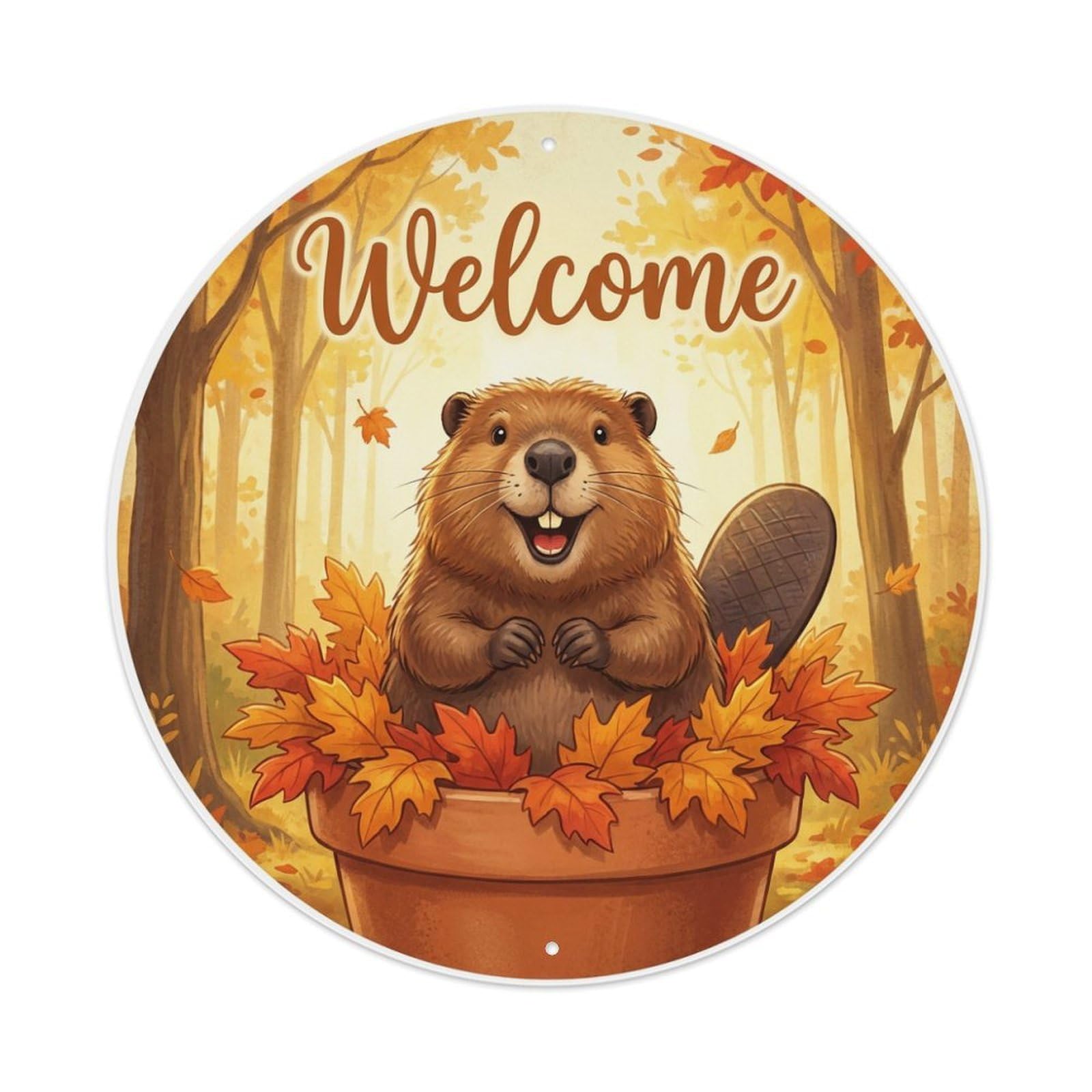 Metal Tin Sign Welcome Beaver Autumn Leaves