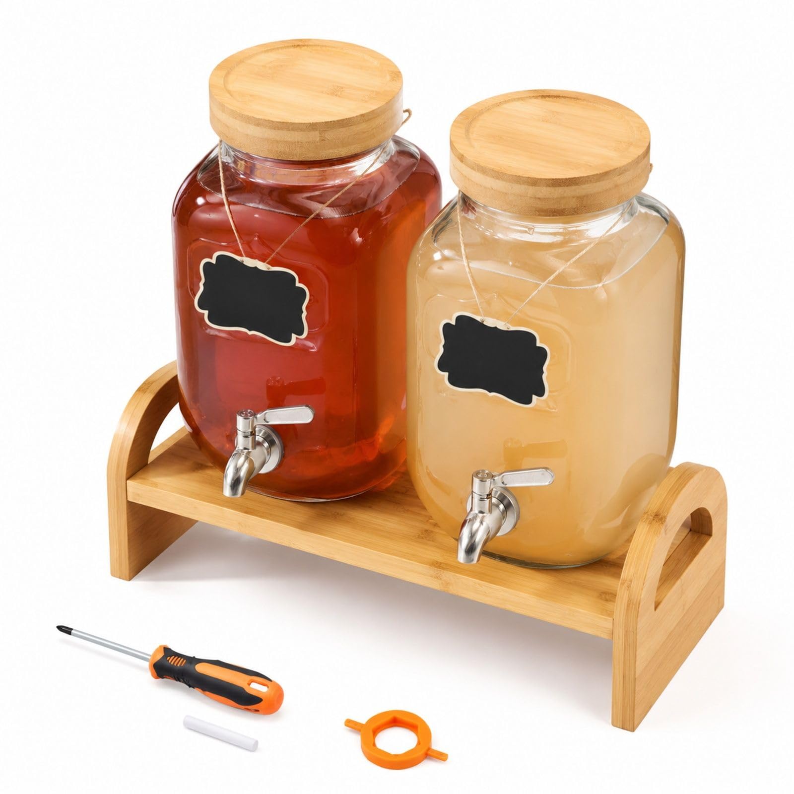 Getränkespender aus Glas 2 Stück, je 3,8 L, mit Zapfhahn und Ständer, für Saft, Kaffee, Partys und Bars