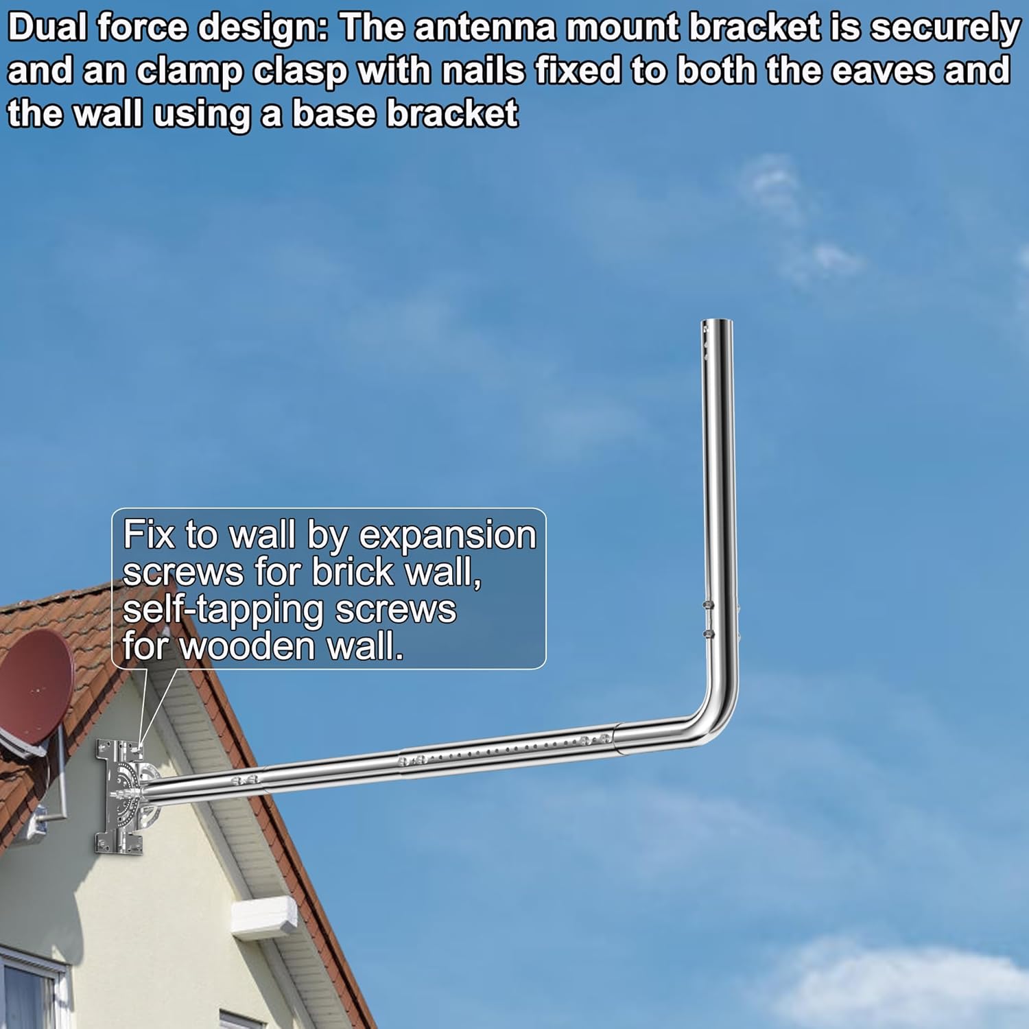 Adjustable Lenght and Height Antenna Mount for Long Eave and Wall, with 90° Elbows, Adjustable Extend Pipes, Fixing Screws, Ideal for Outdoor TV Antennas, Starlink Dishes, WiFi Extender and More