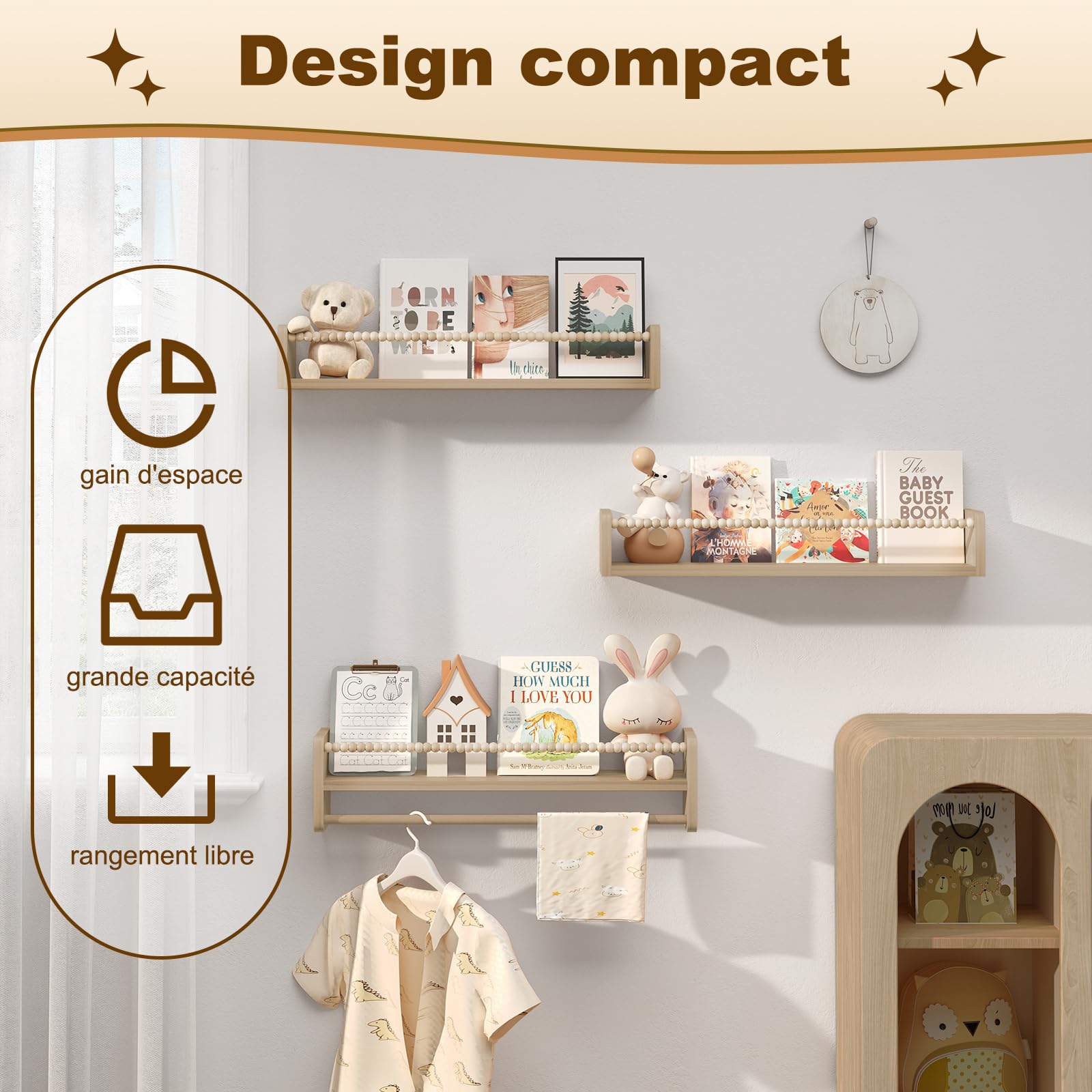 WOLTU Étagère Murale pour Enfant, Lot de 3, Étagère Livre Enfant, en Bois Massif, 60cm, avec Perles en Bois
