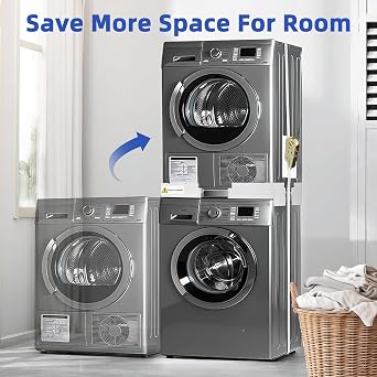 Washer Dryer Stacking Kit Universal, Washing Machine Stacking Kits with 8 Anti Vibration Foot Pads and Ratchet Ropes, Adjustable Frame for 44.5-70 CM Stackable Washer/Dryer with 4 Hooks, White