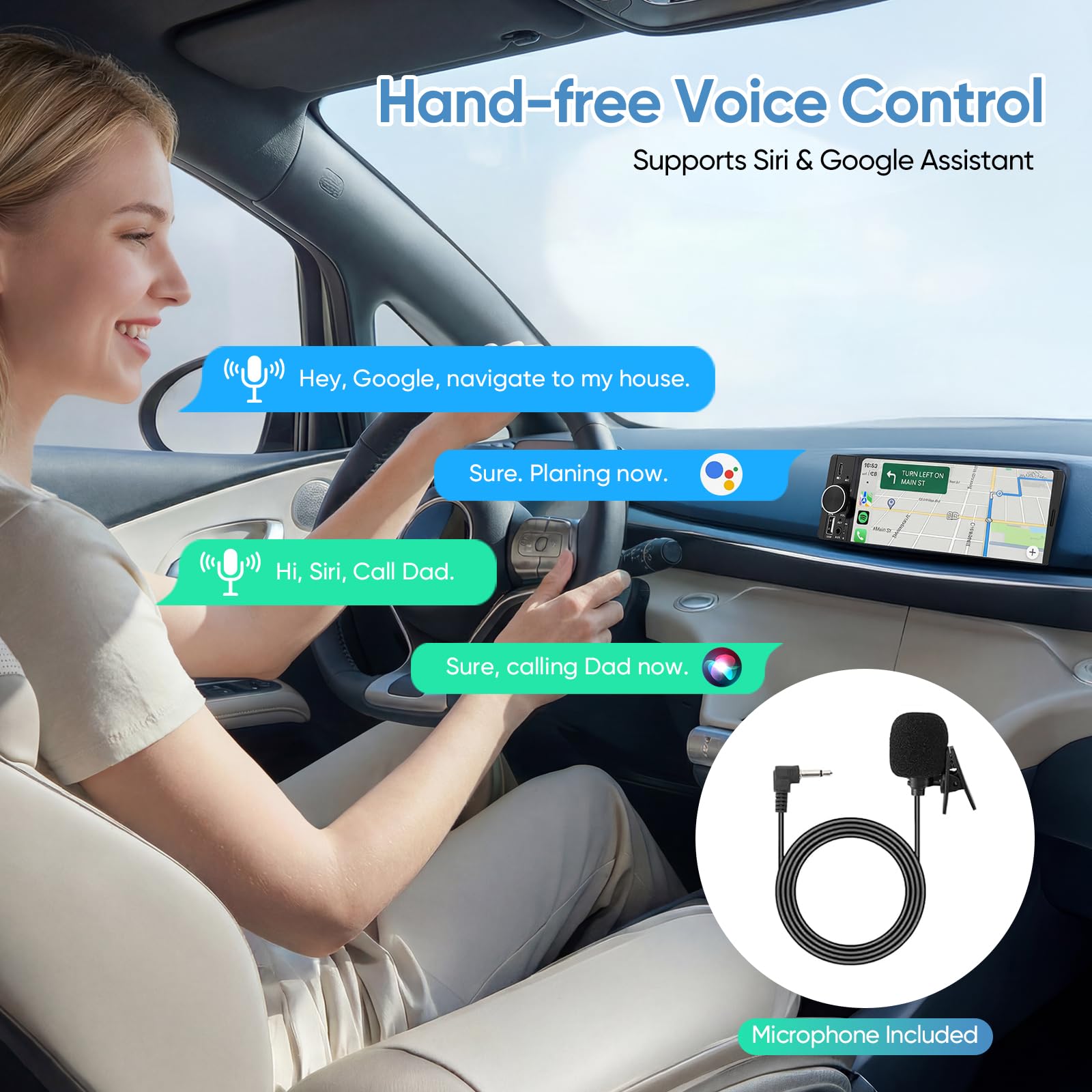 6.3" Single DIN Touchscreen Car Radio with Wireless CarPlay & Android Auto, Backup Camera, Mirror Link, Hands-Free Calling, FM Radio, Steering Wheel Control & Voice Command — view 6