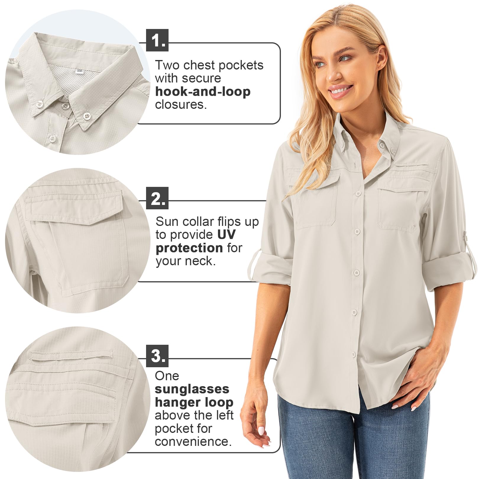 Damen UV Shirt UPF 50+ Safari Kleidung Wanderbluse Outdoor Cooling Quick Dry Sonnenschutz Langarm