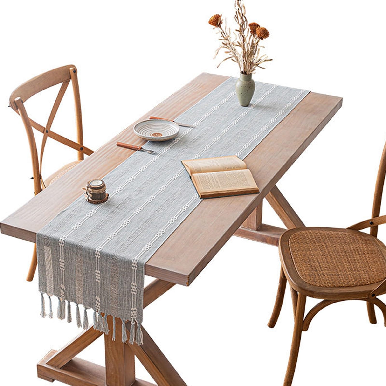 Minimalist Striped Tassel Table Runner, Hollow Out Jacquard Table Dresser Scarf, Woven Decorative Cover for Dining, Coffee Table & Sideboard(Grey,200cm/78.7in)