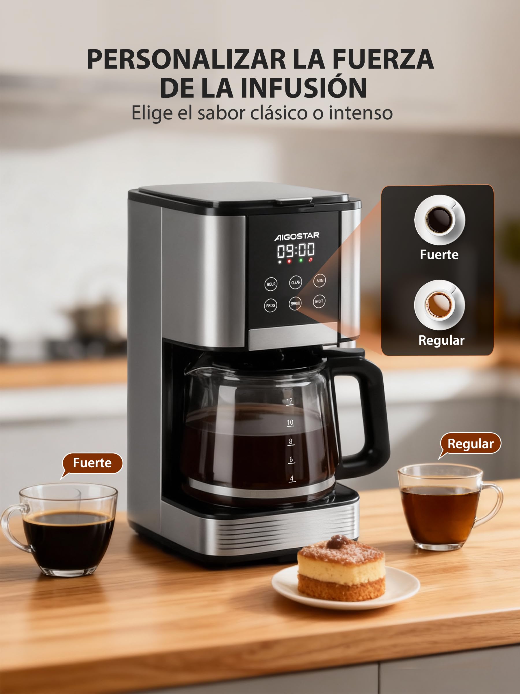 Aigostar Cafetera de Goteo Filtro Programable 24h 1,5L 12 Tazas Acero Inoxidable 1000W Pantalla LCD Ajuste de Intensidad Antigoteo Limpieza Automática Mantenimiento de Calor Negro-Cora