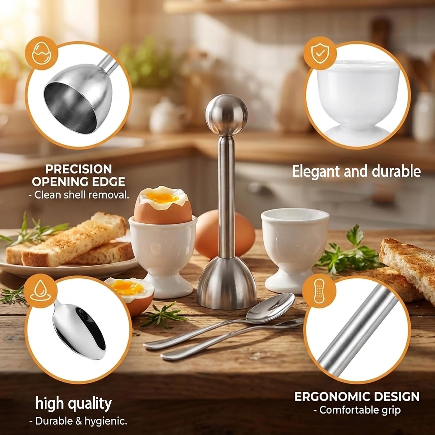 5PCS Egg Cooking Tools Set with Stainless Steel Egg Cutter and White Egg Cups, Egg Topper, Egg Cups for Soft Boiled Eggs, Kitchen Gadgets for Breakfast Preparation