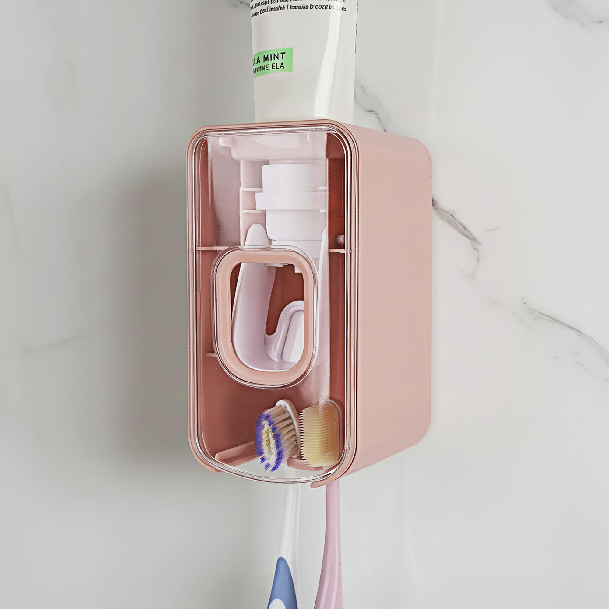 2 Slot Toothbrush Holder and Toothpaste Dispenser Wall Mounted, Automatic Toothpaste Squeezer, 2 in 1 Tooth Brush Toothpaste Organizer for Shower (Pink)