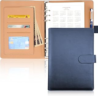システム手帳 A5 6穴 ルーズリーフ 高級PU 栃木レザー使用 スタンダード タイプ シンプル手帳 横罫 ビジネス ブラック ノート スケジュール帳 カード収納 てちょう メモ帳 オフィス用品 ブルー
