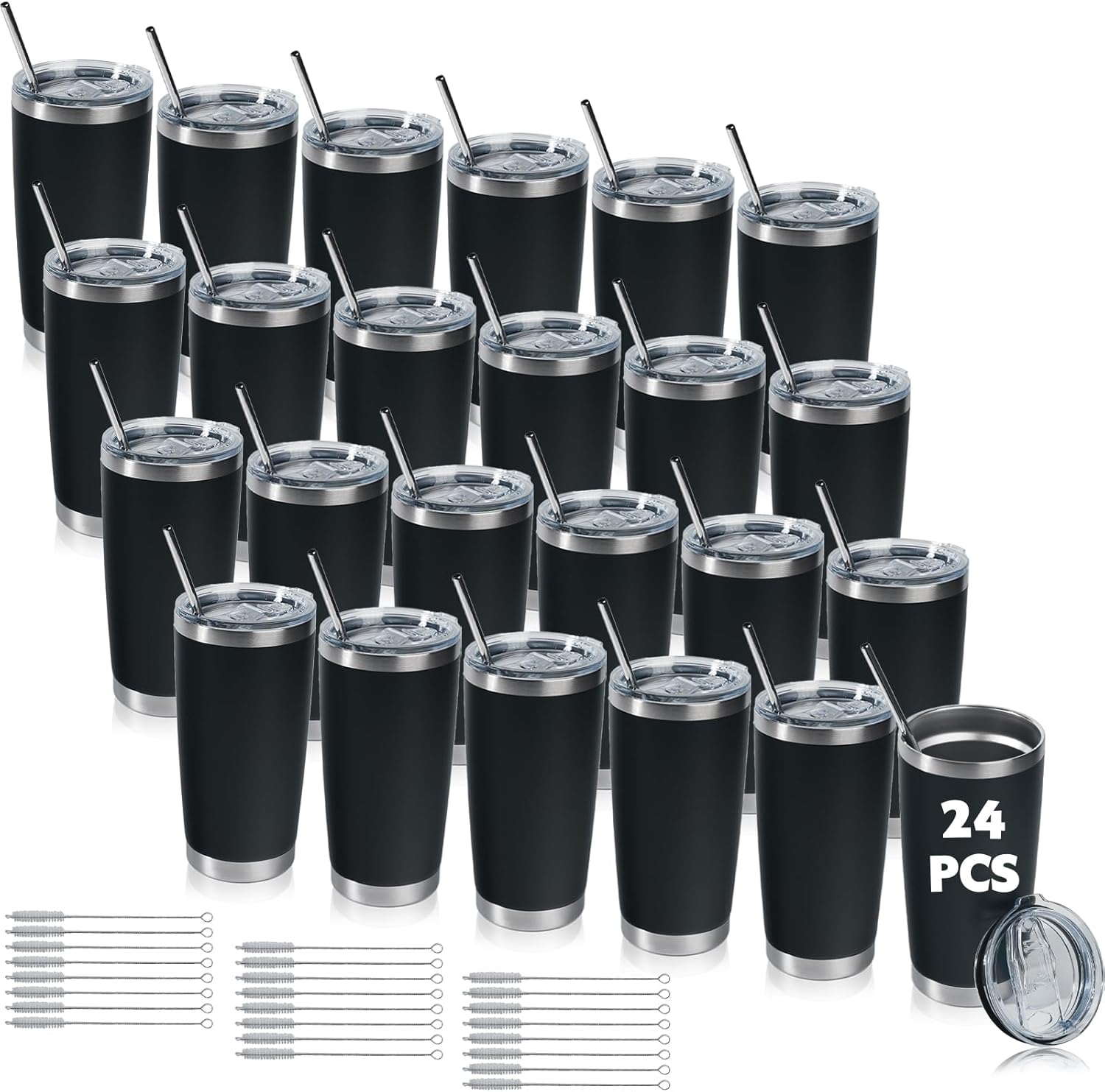 24 Pack color 20oz Stainless Steel Tumblers with Lids & Straws, Double Wall Vacuum Insulated Leakproof Travel Mug for Hot/Cold Drinks, Powder Coated Bulk Cups for Wedding Party Office Gift