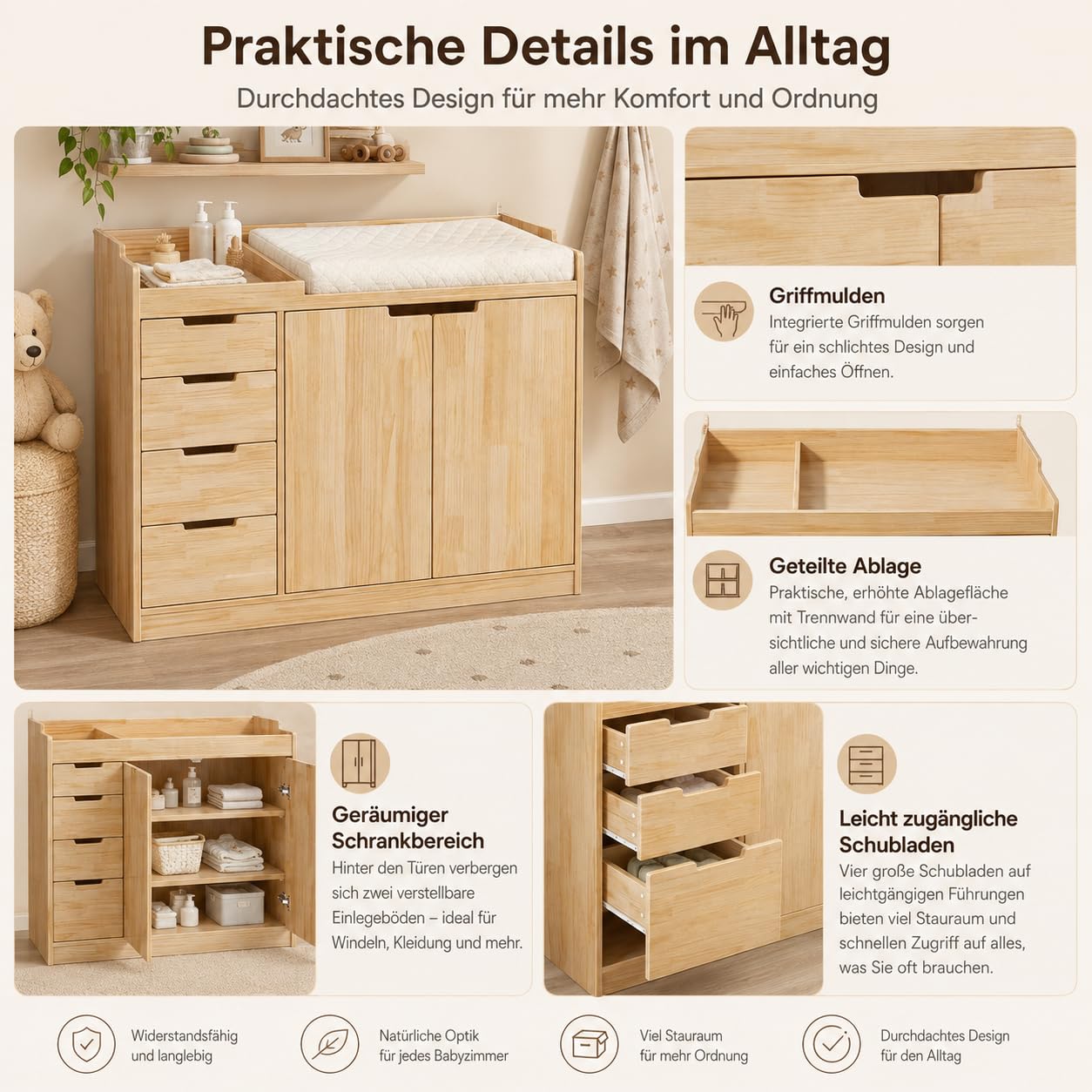 Cambiador bebé con 4 cajones y 2 puertas, cómoda madera infantil