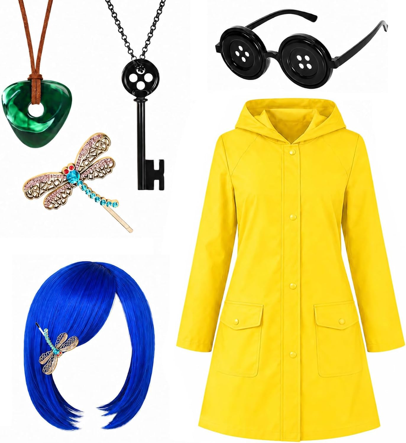 Kavoc 6 Pcs Halloween Raincoat Costume Set for Women Include Bob Wig Button Glasses Necklace Hair Clip for Theme Party Dress Up