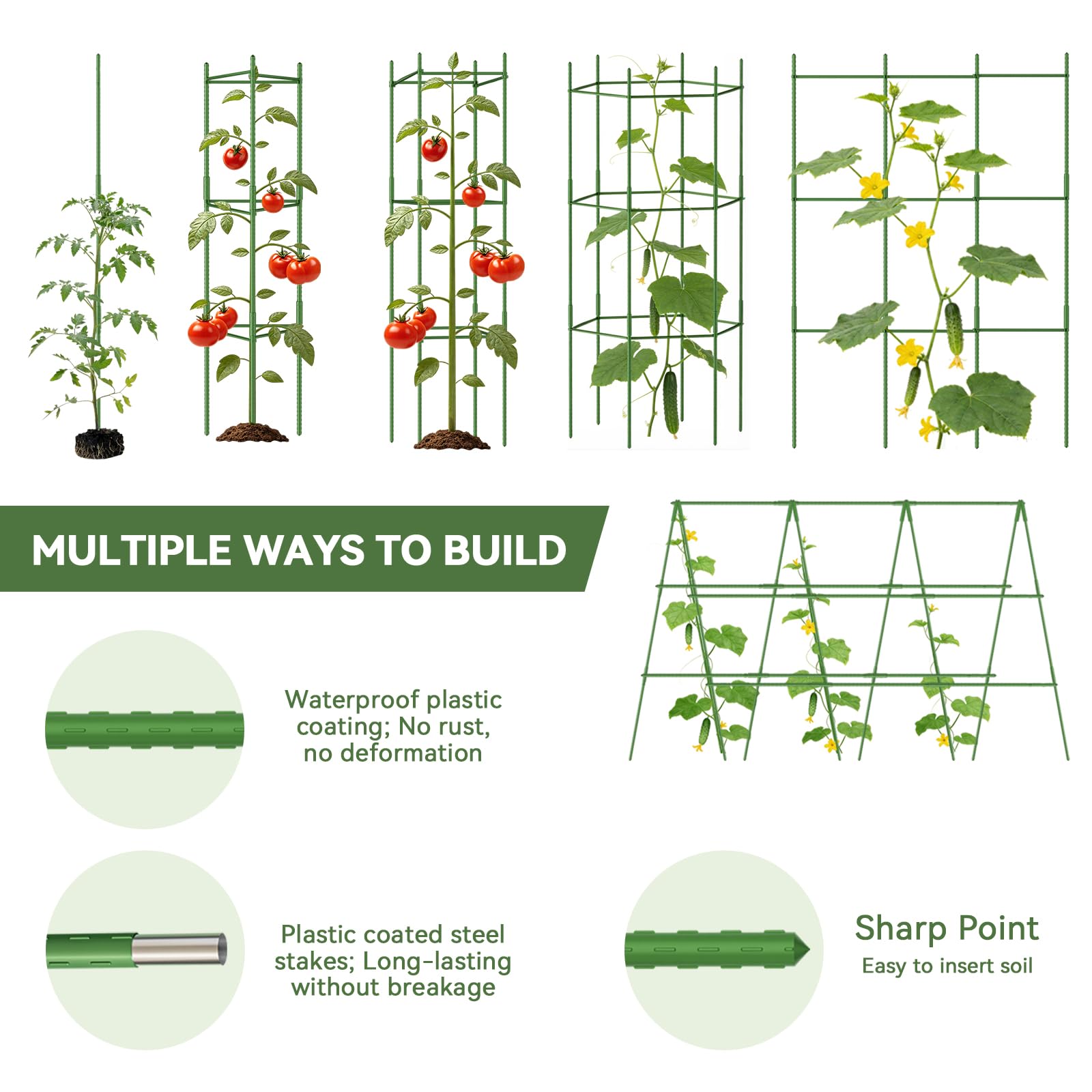 Halatool 6 paquetes de jaulas de tomate, jaula de tomate expandible de hasta 62 pulgadas con 60 lazos giratorios, jaulas de tomate altas con brazos ajustables a presión para verduras (2 hebillas)