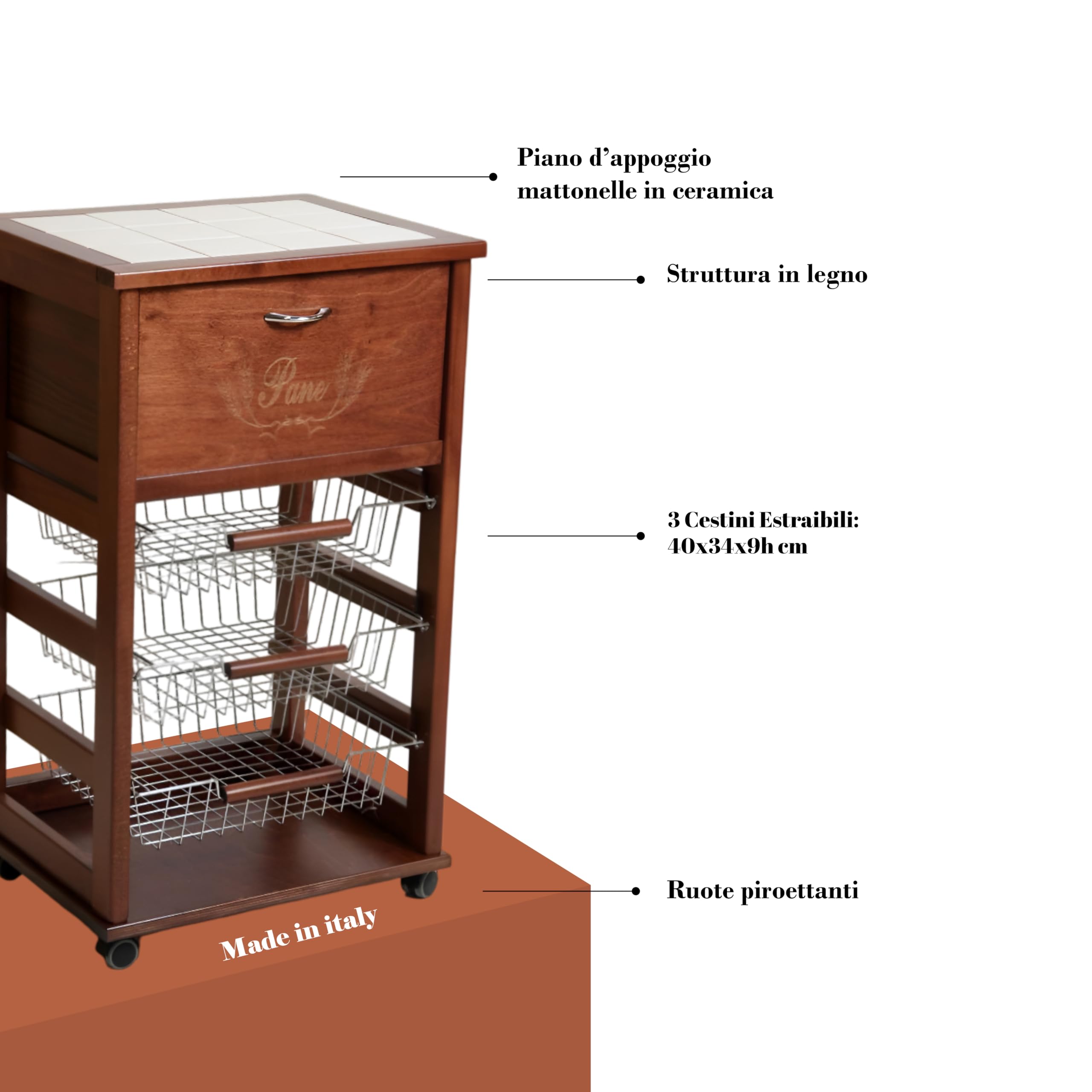 MA MAISON Carrello Salvaspazio in Legno dimensioni 85x49x39 cm - da Cucina, Piano d'appoggio Multiuso, 3 Cestini Contenitori, 1 Cassetto, Portapane, Portafrutta, 4 Ruote - Made in Italy (Noce)