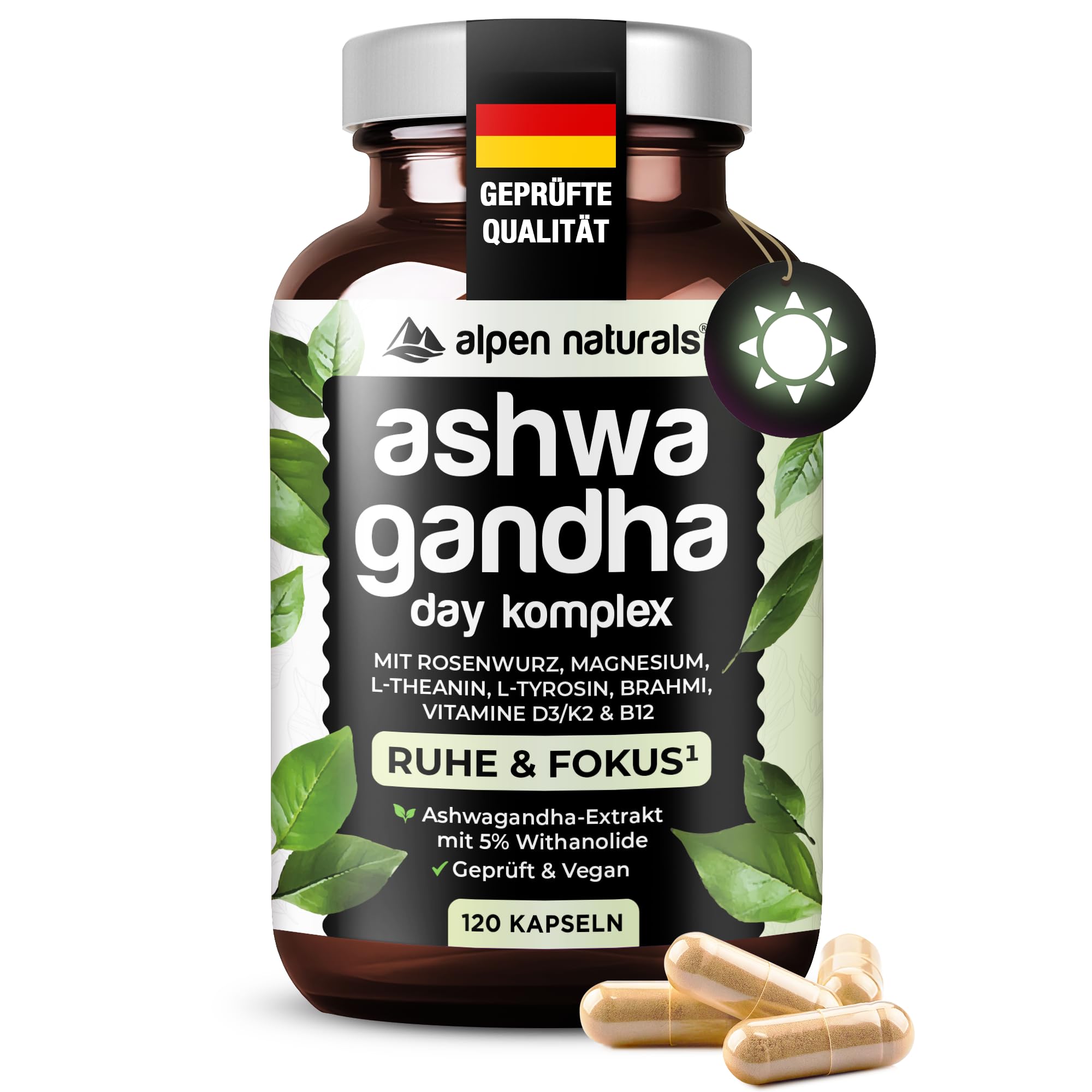 Alpen Natruals Ashwagandha Day Komplex – 120 Kapseln mit Ashwagandha, Rhodiola, Magnesium, Guarana, Coenzym Q10 & Vitamin B6/B12 – Hochdosiert, vegan & laborgeprüft